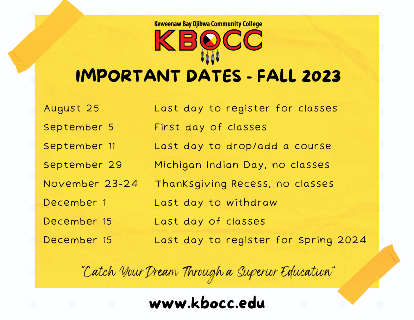 Fall 2023 Important Dates Keweenaw Bay Ojibwa Community College